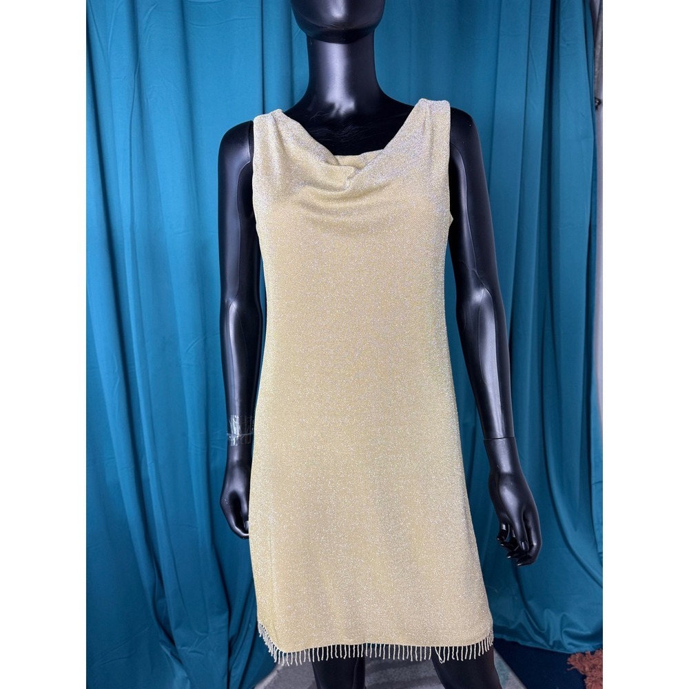 Donna Ricco Gold Metallic Cowl Neck Beaded Fringe Cocktail Dress Petite 10P
